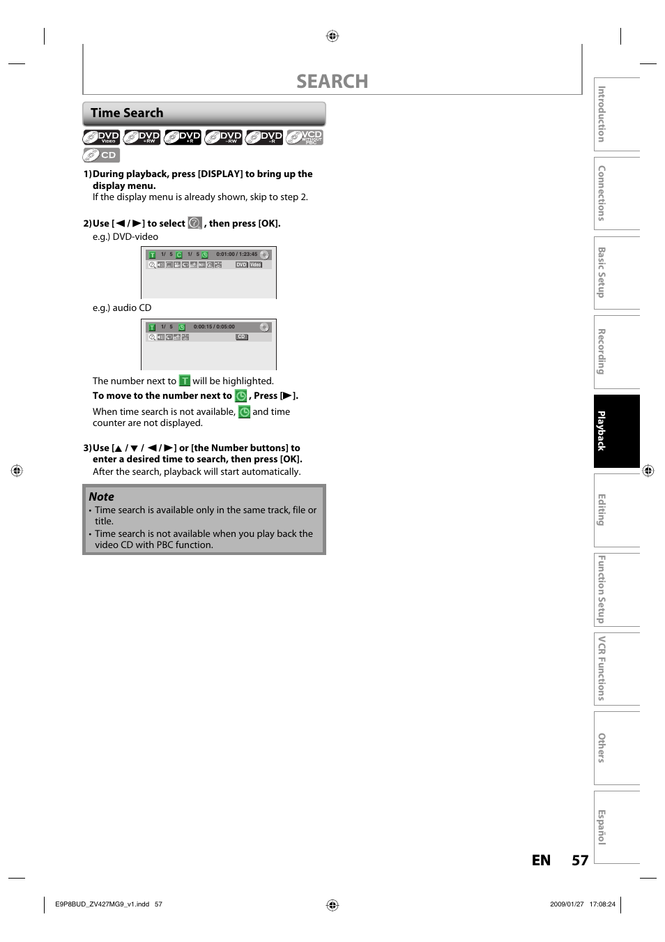 Search, 57 en 57 en, Time search | Philips Magnavox ZV427MG9 A User Manual | Page 59 / 100