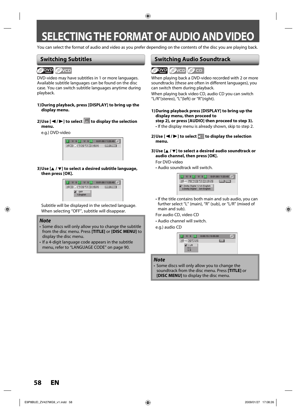 Selecting the format of audio and video, 58 en 58 en, Switching subtitles | Switching audio soundtrack | Philips Magnavox ZV427MG9 A User Manual | Page 60 / 100