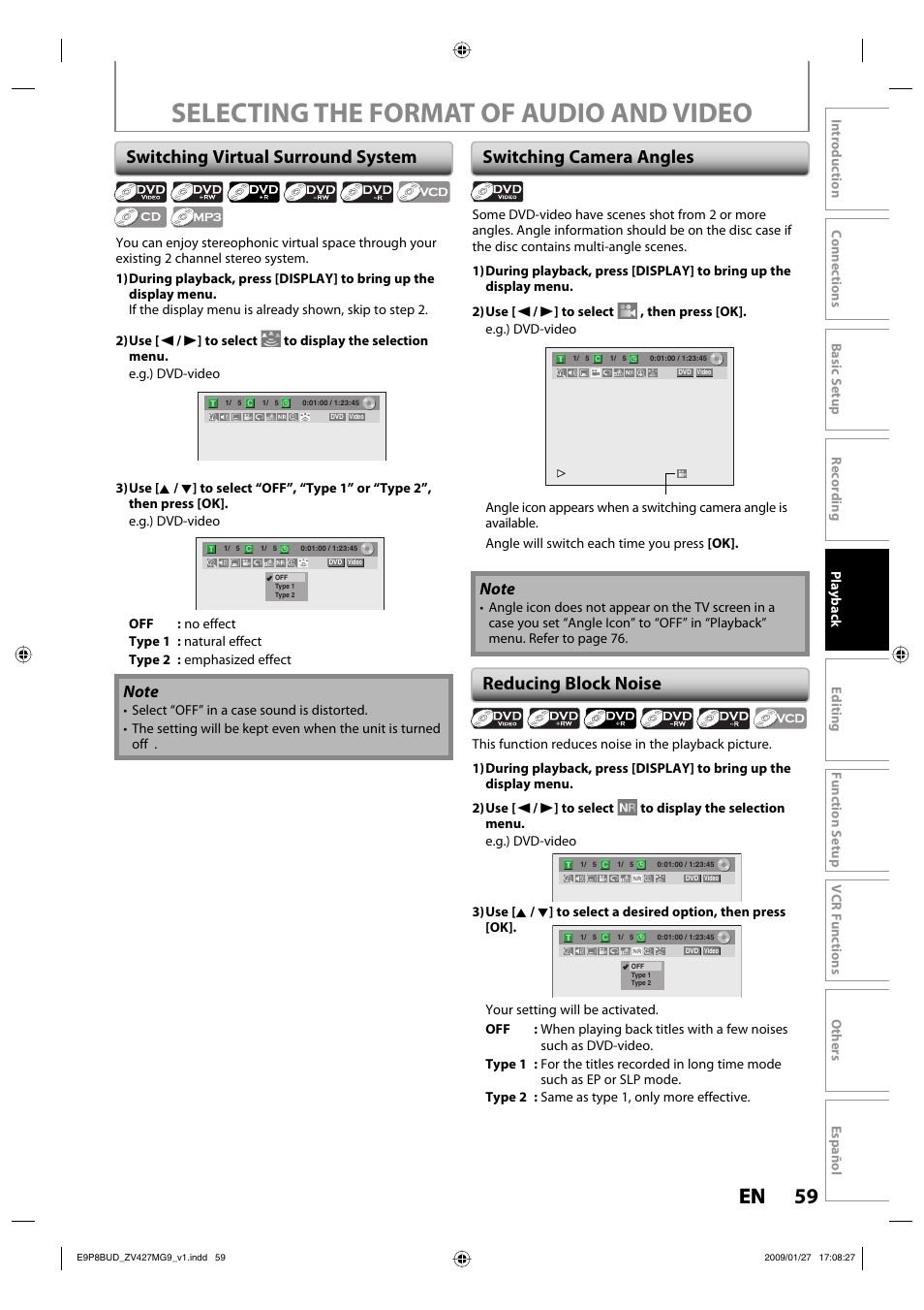 Selecting the format of audio and video, 59 en 59 en, Switching virtual surround system | Switching camera angles reducing block noise | Philips Magnavox ZV427MG9 A User Manual | Page 61 / 100