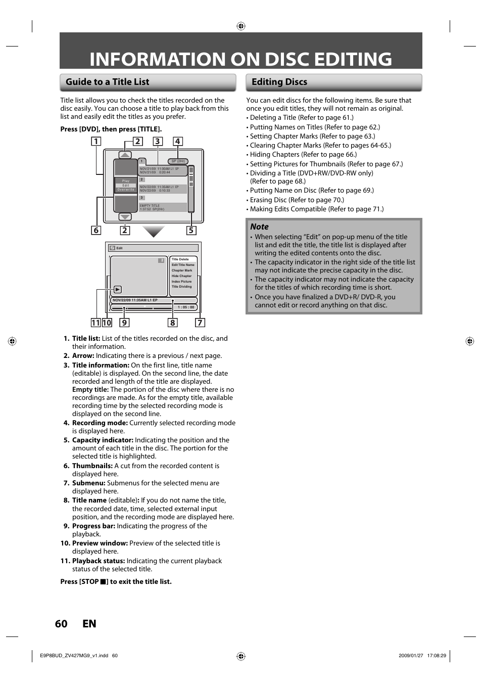 Information on disc editing, 60 en 60 en, Guide to a title list editing discs | Philips Magnavox ZV427MG9 A User Manual | Page 62 / 100