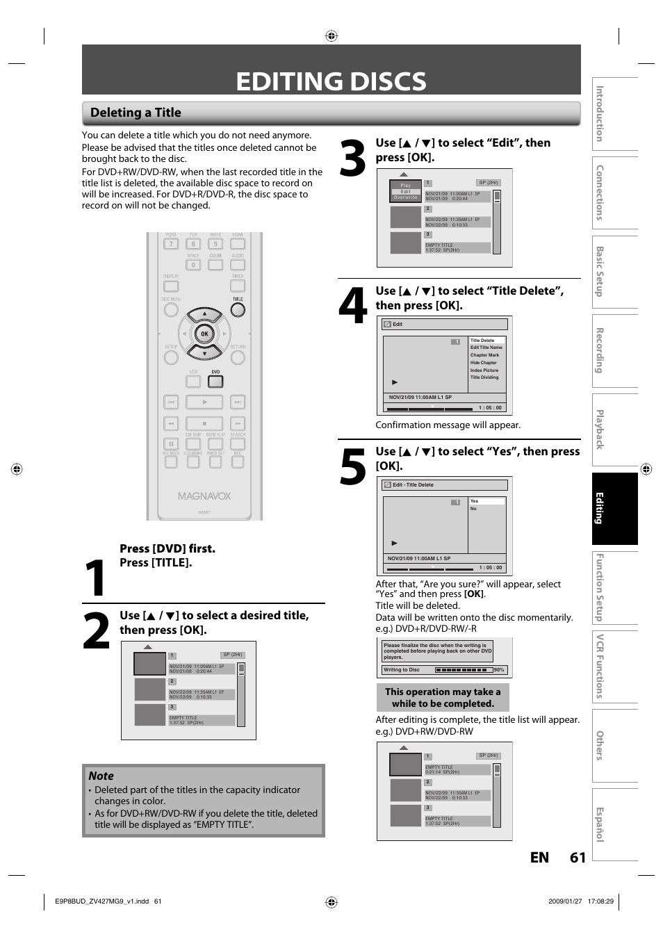 Editing discs, 61 en 61 en, Deleting a title | Philips Magnavox ZV427MG9 A User Manual | Page 63 / 100