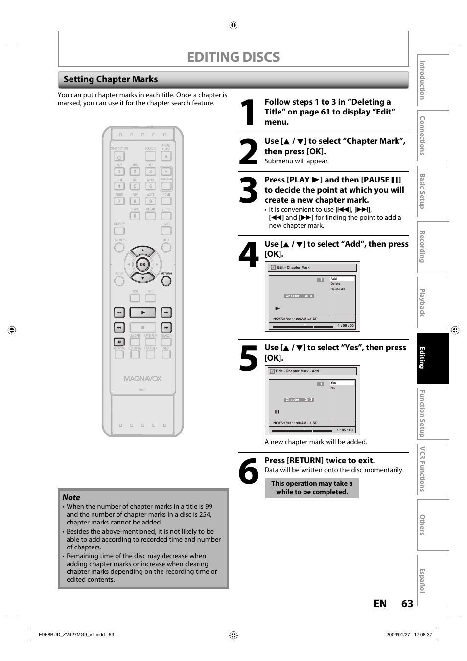 Editing discs | Philips Magnavox ZV427MG9 A User Manual | Page 65 / 100