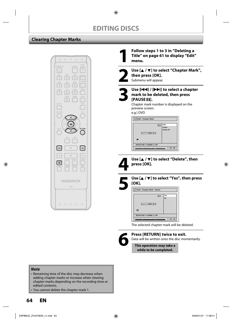 Editing discs | Philips Magnavox ZV427MG9 A User Manual | Page 66 / 100