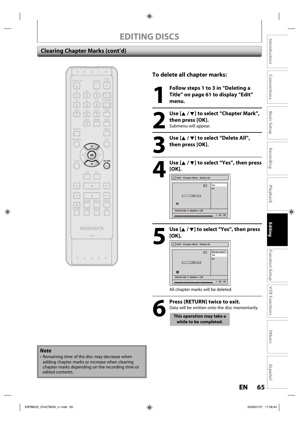 Editing discs | Philips Magnavox ZV427MG9 A User Manual | Page 67 / 100