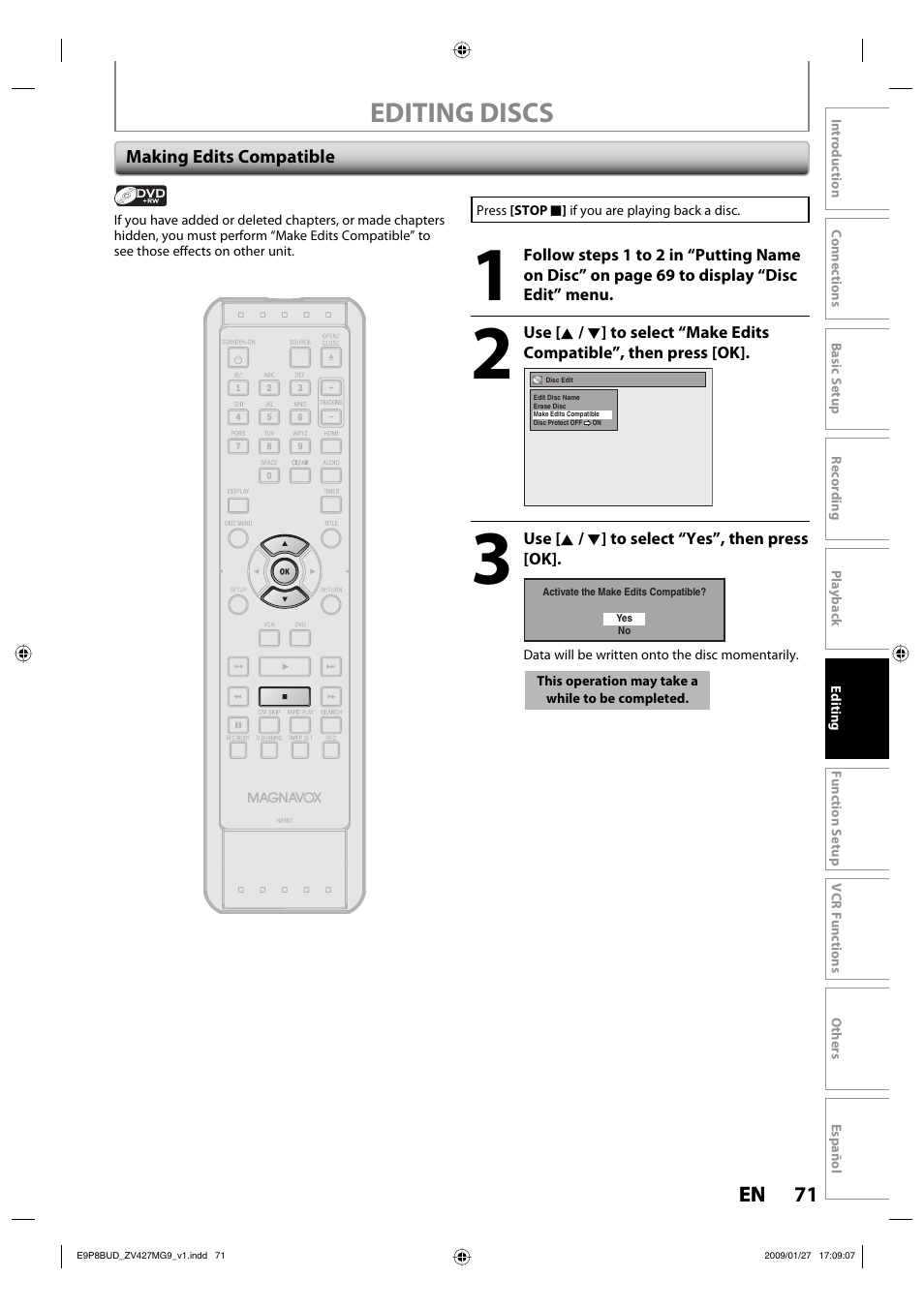 Editing discs | Philips Magnavox ZV427MG9 A User Manual | Page 73 / 100