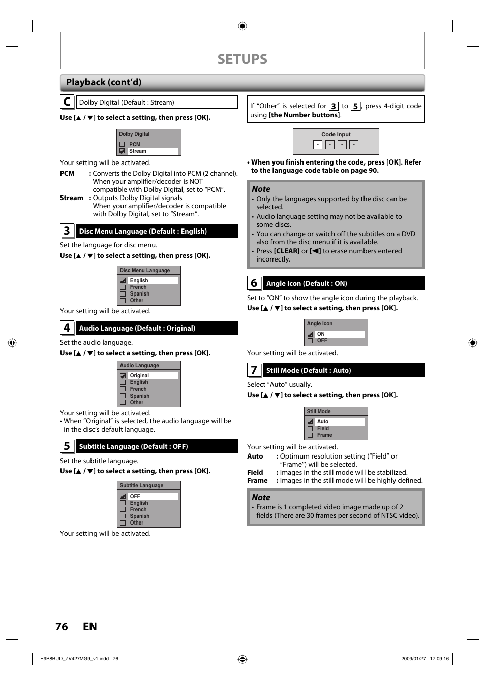 Setups, 76 en 76 en, Playback (cont’d) | Philips Magnavox ZV427MG9 A User Manual | Page 78 / 100