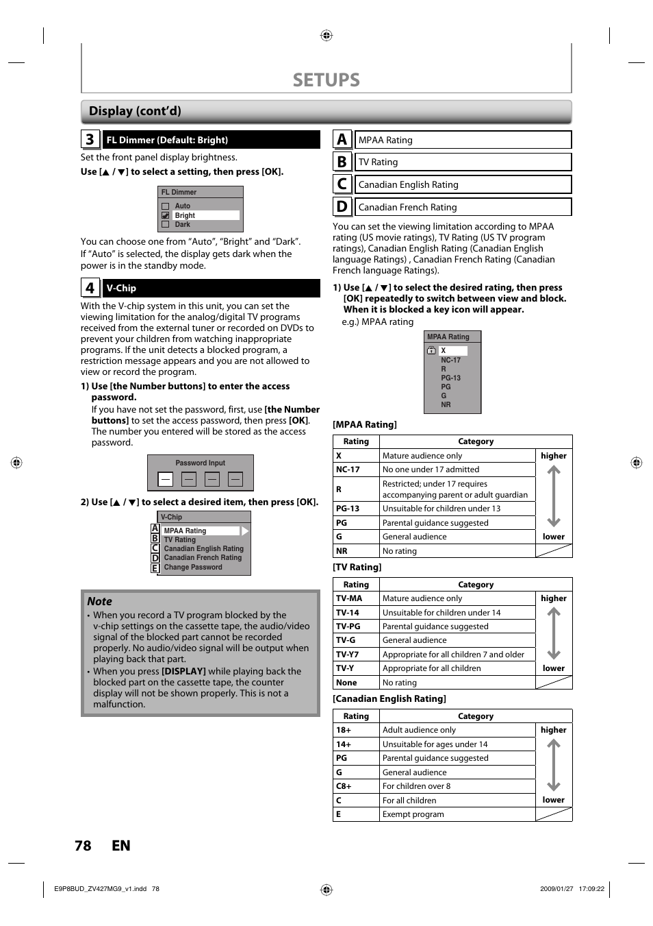 Setups, 78 en 78 en, Display (cont’d) | Philips Magnavox ZV427MG9 A User Manual | Page 80 / 100