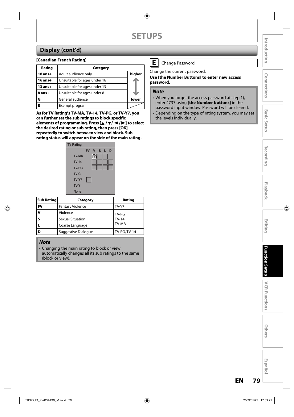 Setups, 79 en 79 en, Display (cont’d) | Philips Magnavox ZV427MG9 A User Manual | Page 81 / 100