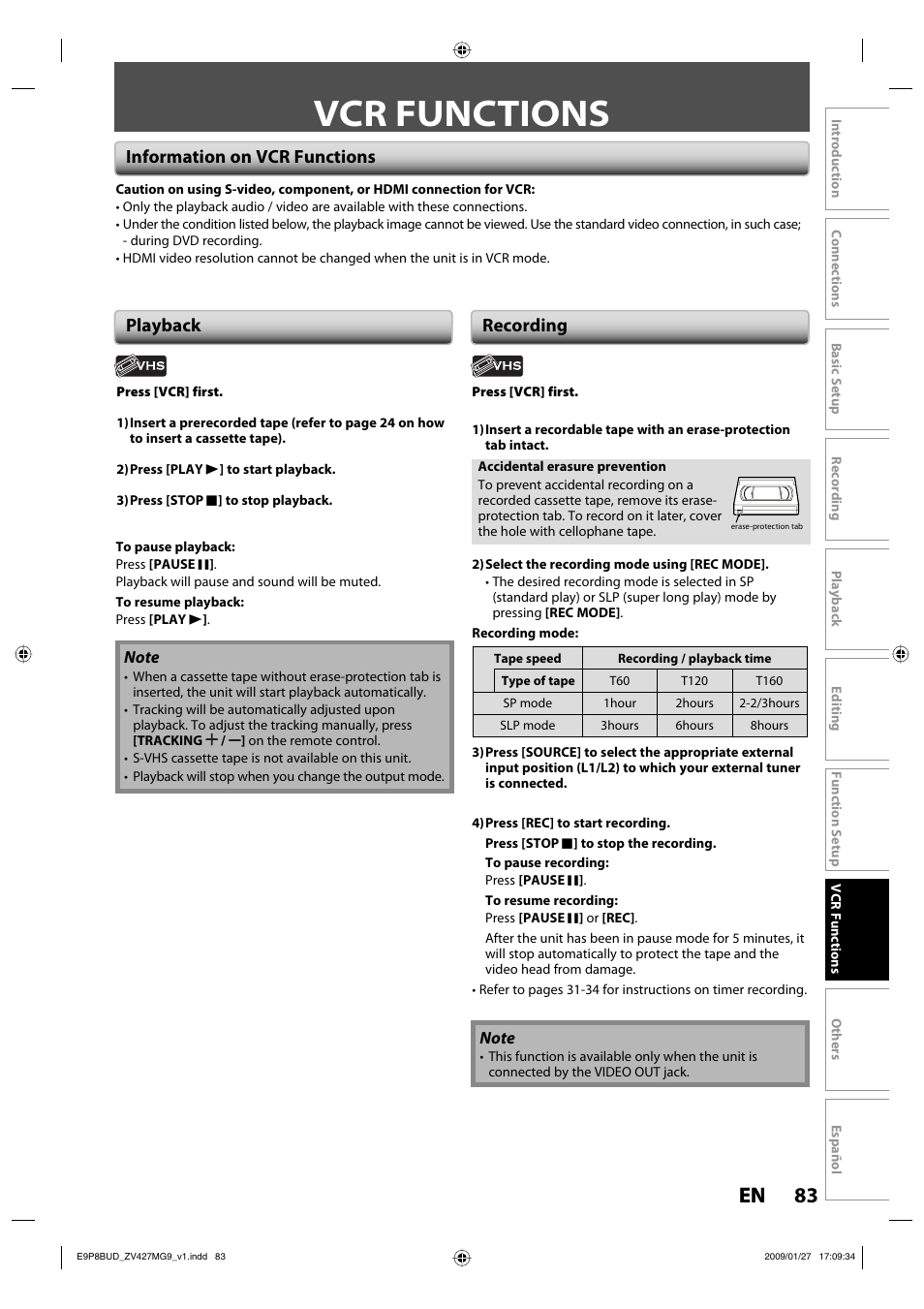 Vcr functions, 83 en 83 en, Playback recording | Information on vcr functions | Philips Magnavox ZV427MG9 A User Manual | Page 85 / 100