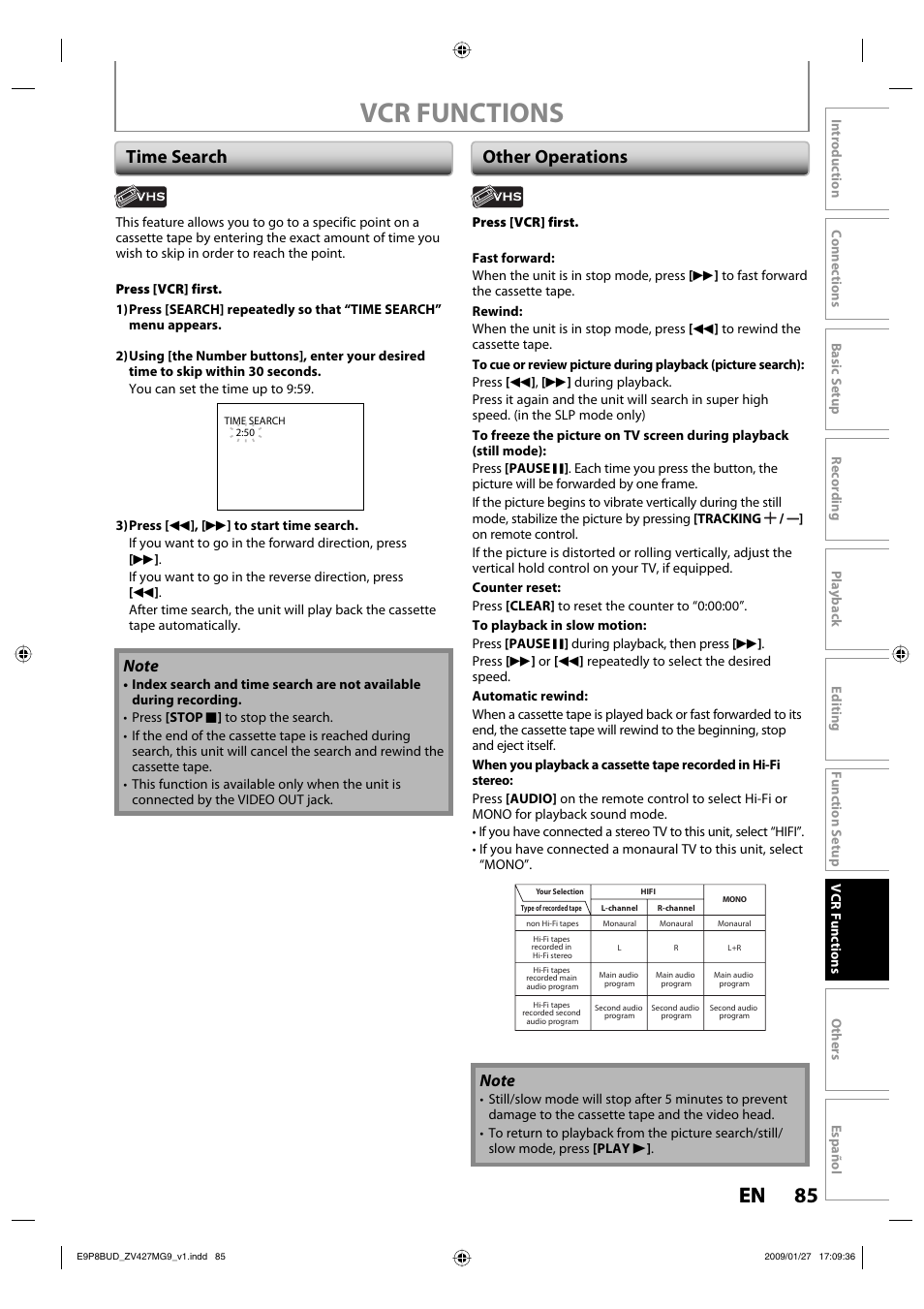 Vcr functions, 85 en 85 en, Time search other operations | Philips Magnavox ZV427MG9 A User Manual | Page 87 / 100