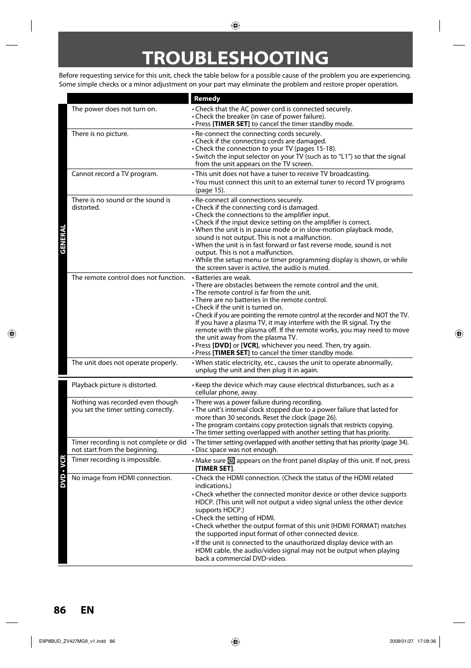 Troubleshooting, 86 en | Philips Magnavox ZV427MG9 A User Manual | Page 88 / 100