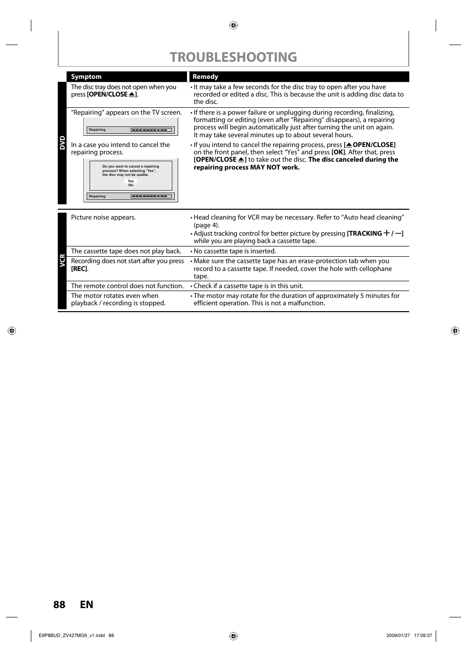 Troubleshooting, 88 en | Philips Magnavox ZV427MG9 A User Manual | Page 90 / 100