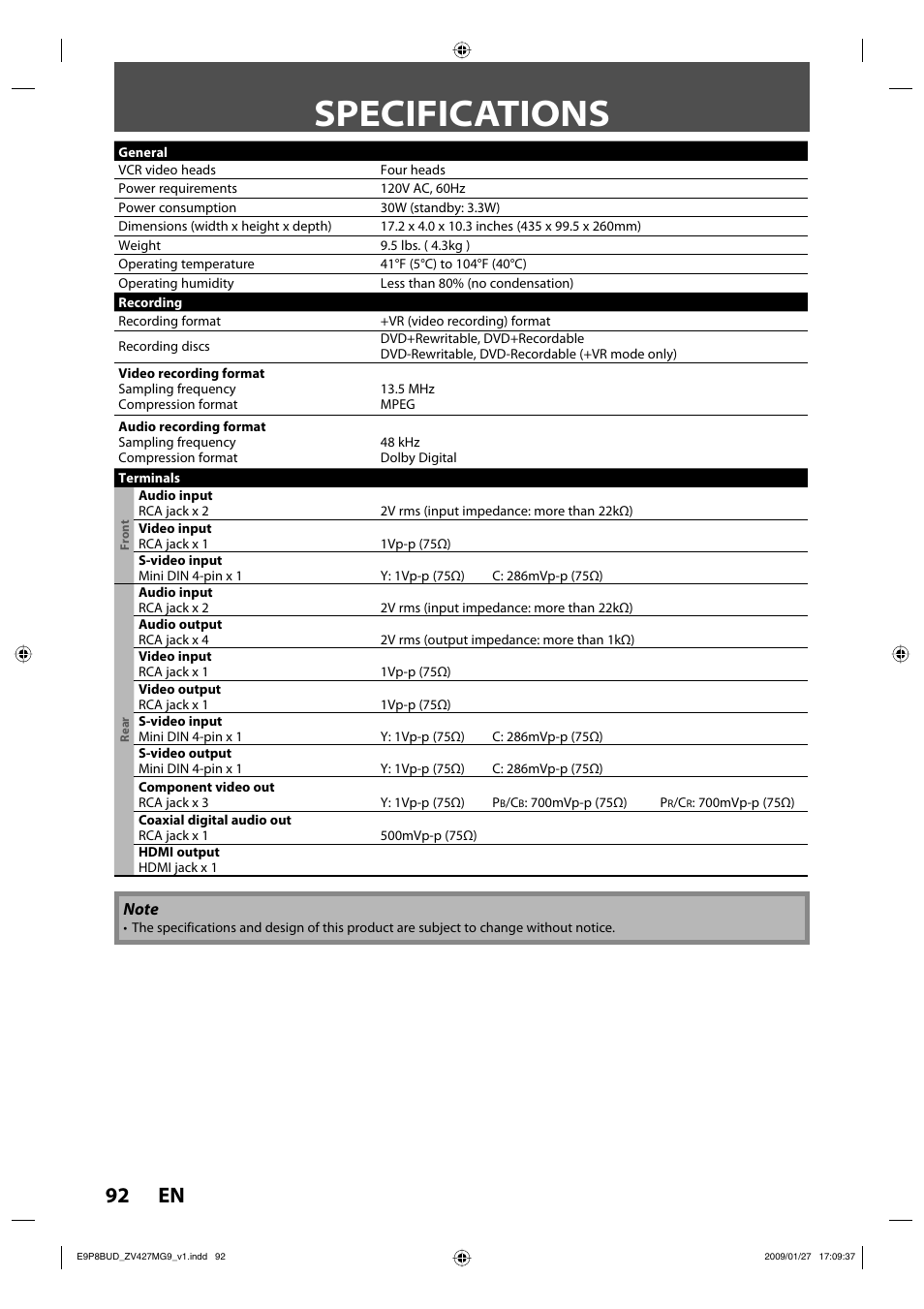 Specifications, 92 en | Philips Magnavox ZV427MG9 A User Manual | Page 94 / 100