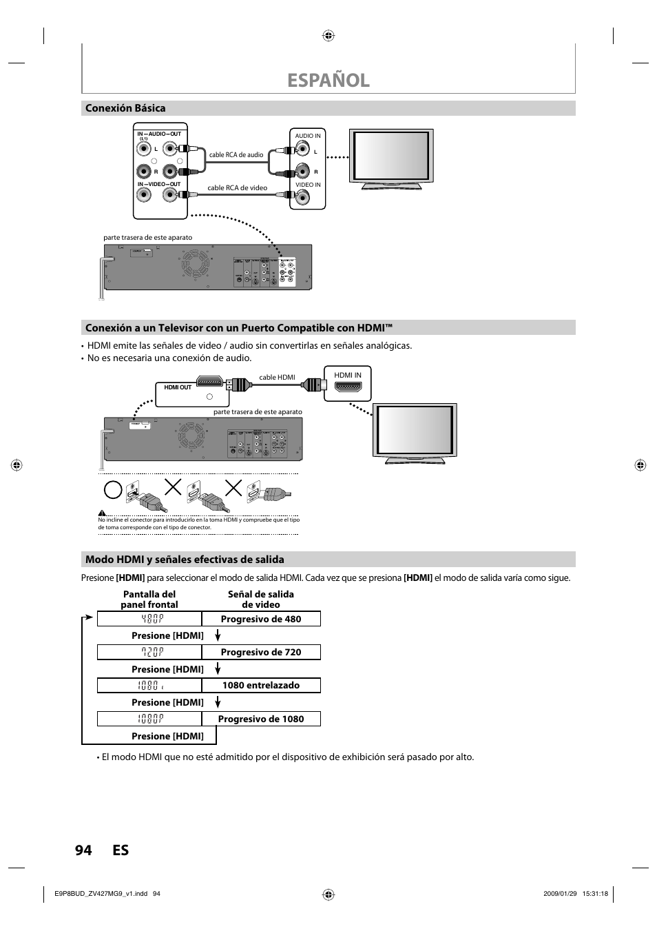 Español, 94 es, Modo hdmi y señales efectivas de salida | Philips Magnavox ZV427MG9 A User Manual | Page 96 / 100