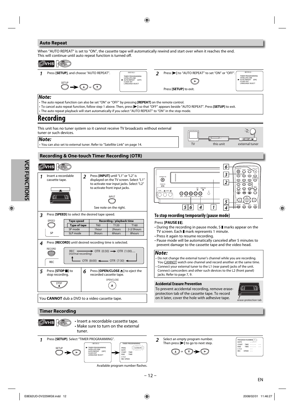 Recording, Auto repeat, Timer recording | Recording & one-touch timer recording (otr), Accidental erasure prevention | Philips Magnavox DV225MG9 User Manual | Page 12 / 28