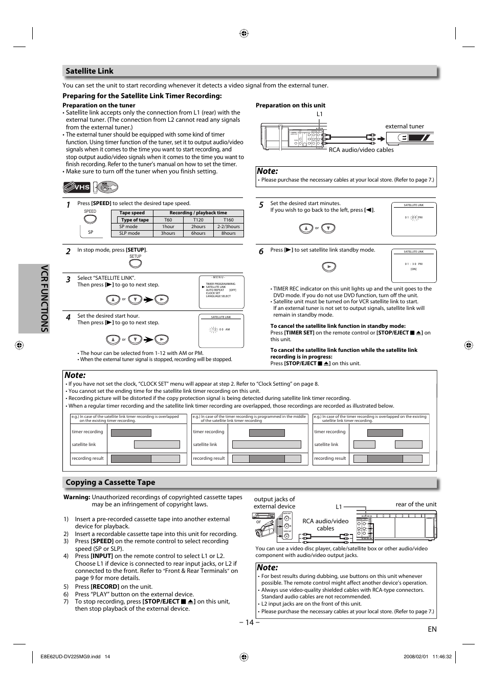 Copying a cassette tape, Satellite link, Preparing for the satellite link timer recording | Audio in video in audio out audio out, S-video out component video out video out | Philips Magnavox DV225MG9 User Manual | Page 14 / 28