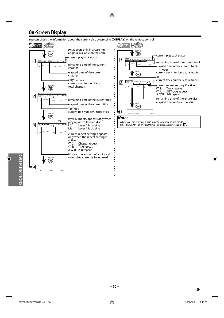 On-screen display, Dvd fu n ct io n s | Philips Magnavox DV225MG9 User Manual | Page 16 / 28