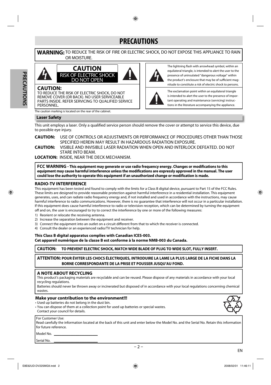 Caution, Warning, Precautions | Risk of electric shock do not open caution | Philips Magnavox DV225MG9 User Manual | Page 2 / 28