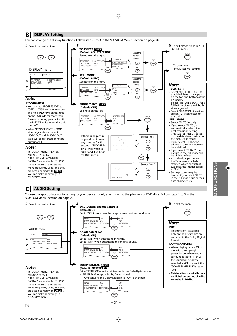 21 – display setting, Audio setting, Display menu | Philips Magnavox DV225MG9 User Manual | Page 21 / 28