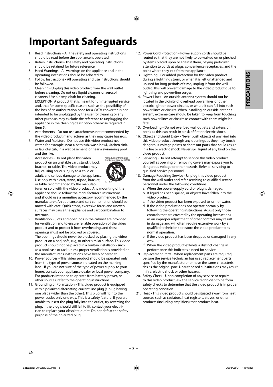 Important safeguards, Precautions | Philips Magnavox DV225MG9 User Manual | Page 3 / 28