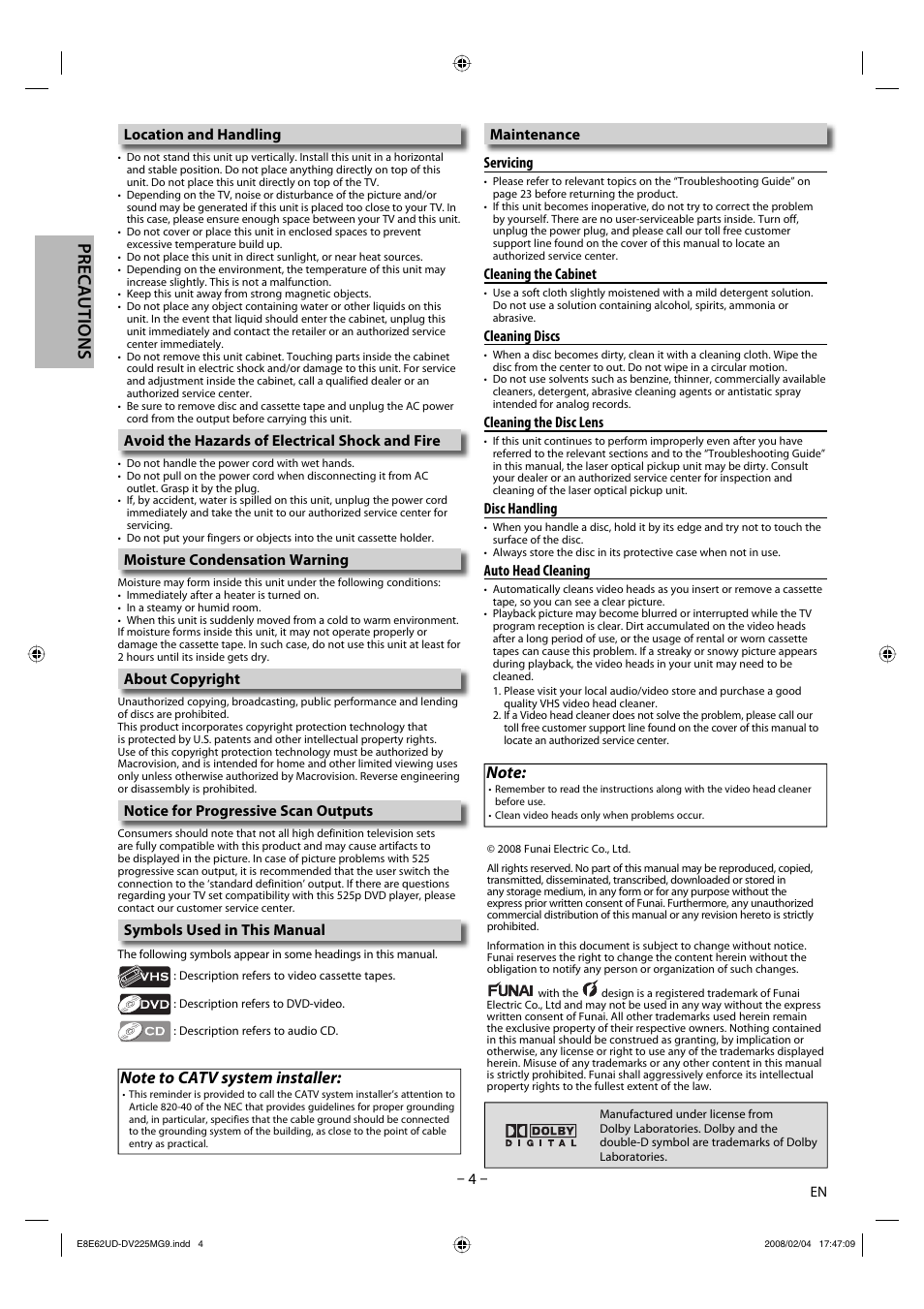 Precautions, Location and handling, Avoid the hazards of electrical shock and fire | Moisture condensation warning, About copyright, Notice for progressive scan outputs, Symbols used in this manual, Maintenance servicing, Cleaning the cabinet, Cleaning discs | Philips Magnavox DV225MG9 User Manual | Page 4 / 28