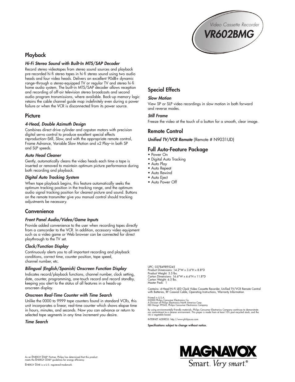 Vr602bmg, Playback, Picture | Convenience, Special effects, Remote control, Full auto-feature package, Video cassette recorder | Philips Magnavox VR602BMG User Manual | Page 2 / 2