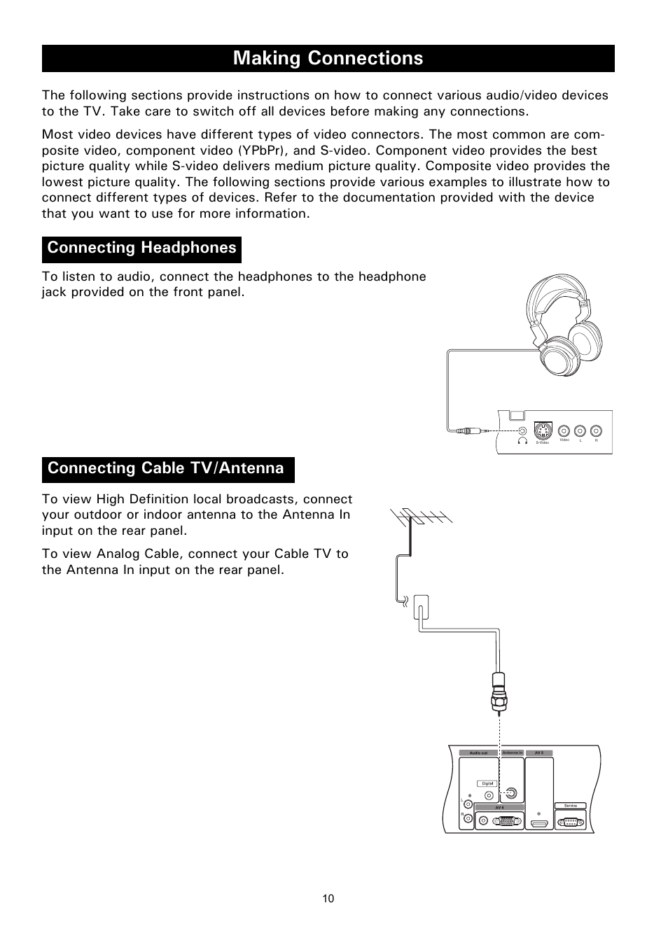 Making connections, Connecting headphones, Connecting cable tv/antenna | Aking, Onnections, Connecting headphones connecting cable tv/antenna | Philips Magnavox 50ML8105D/17 User Manual | Page 16 / 80