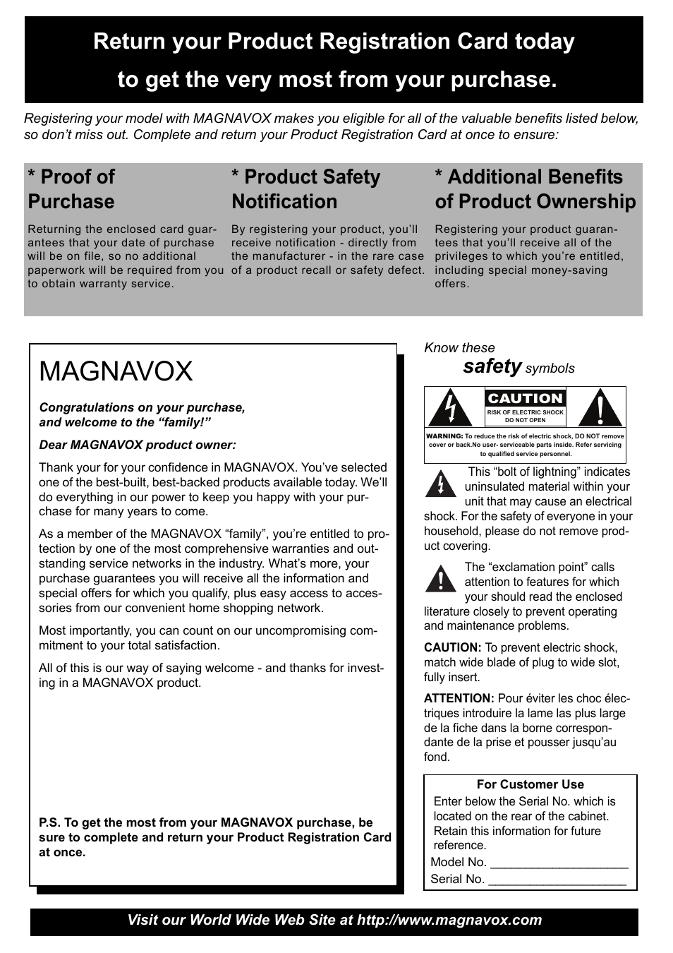 Magnavox, Proof of purchase, Product safety notification | Additional benefits of product ownership, Safety | Philips Magnavox 50ML8105D/17 User Manual | Page 2 / 80