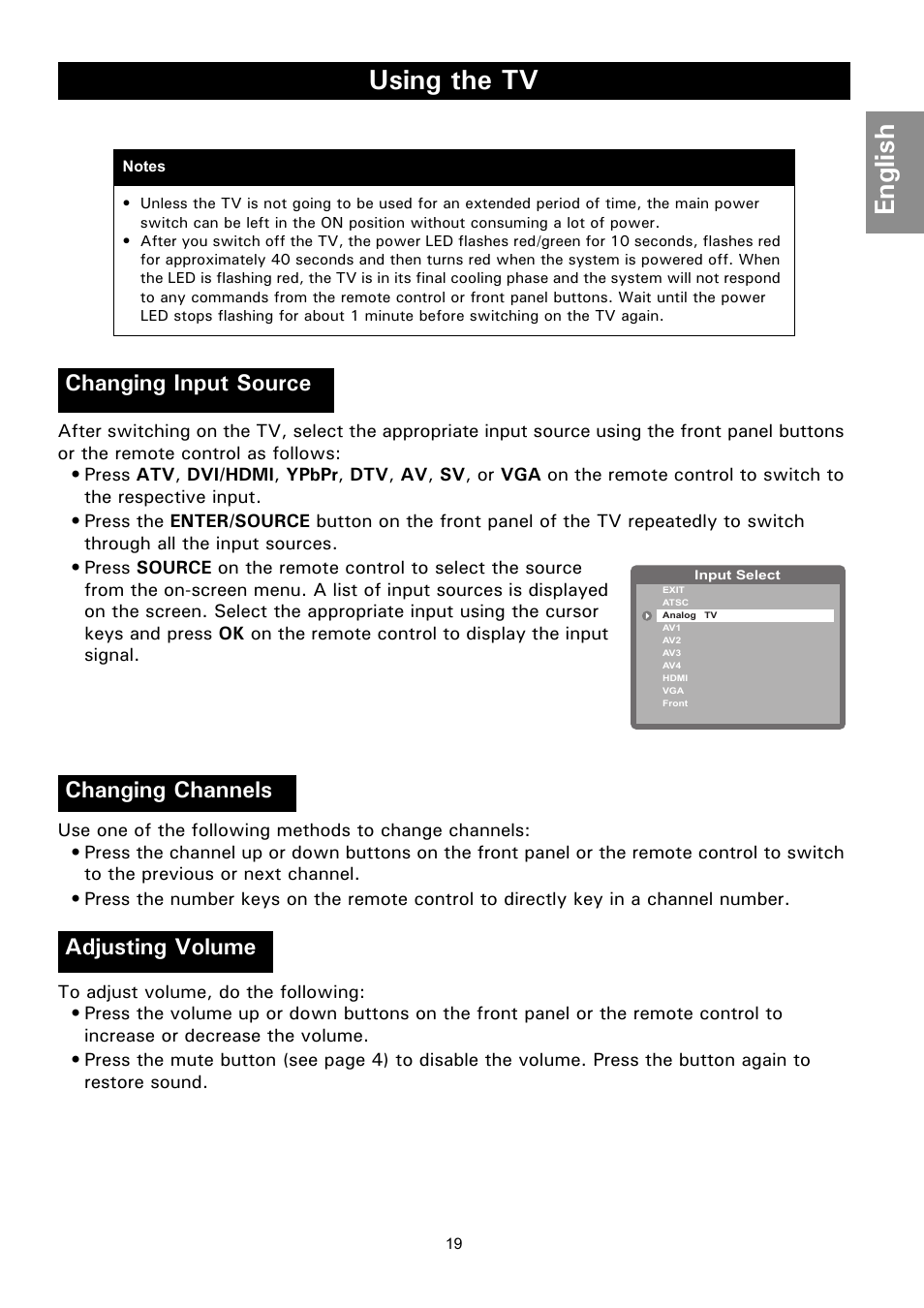 Changing input source, Changing channels, Adjusting volume | Using the tv, English, Changing channels adjusting volume | Philips Magnavox 50ML8105D/17 User Manual | Page 25 / 80