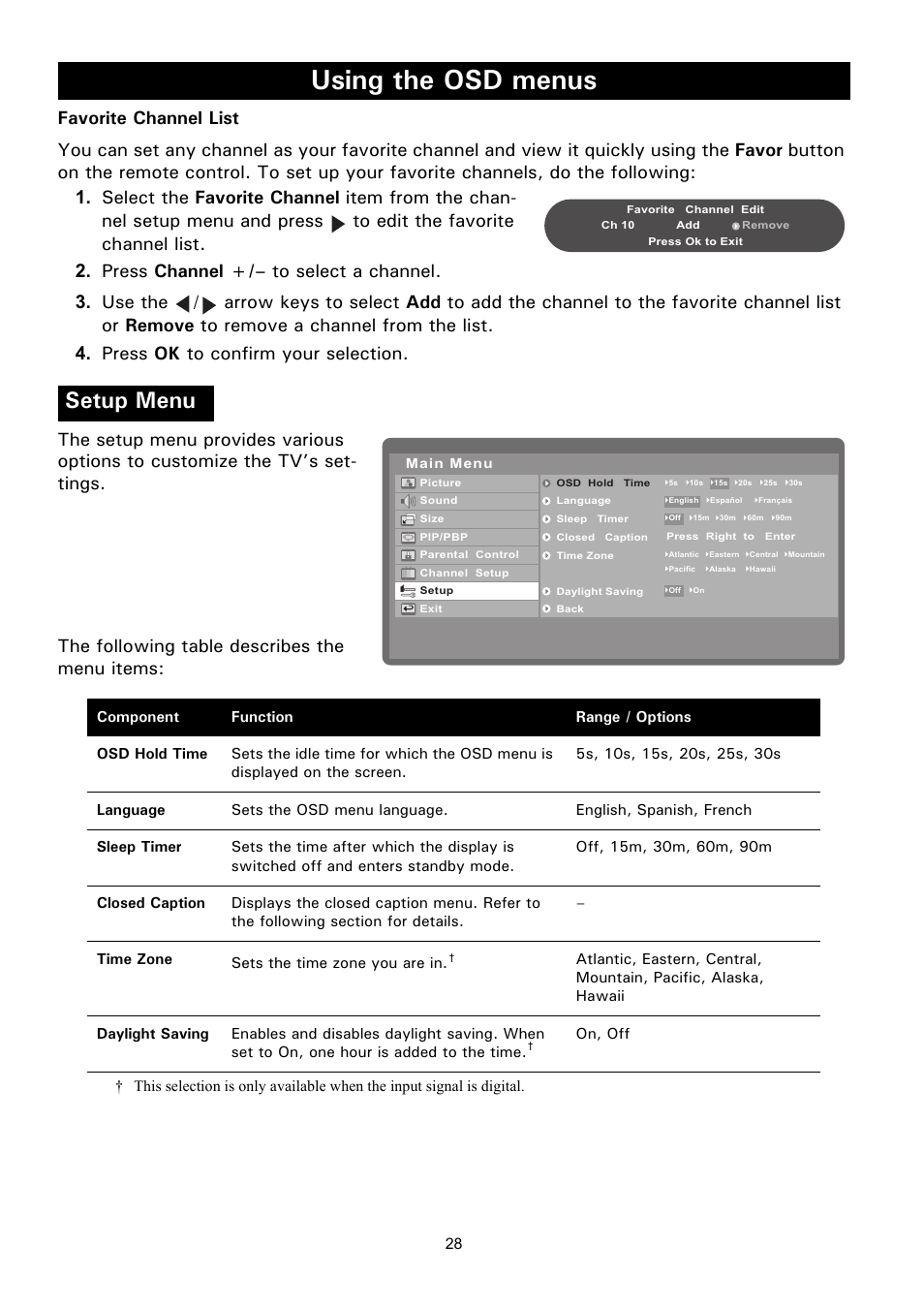 Favorite channel list, Setup menu, Using the osd menus | Philips Magnavox 50ML8105D/17 User Manual | Page 34 / 80