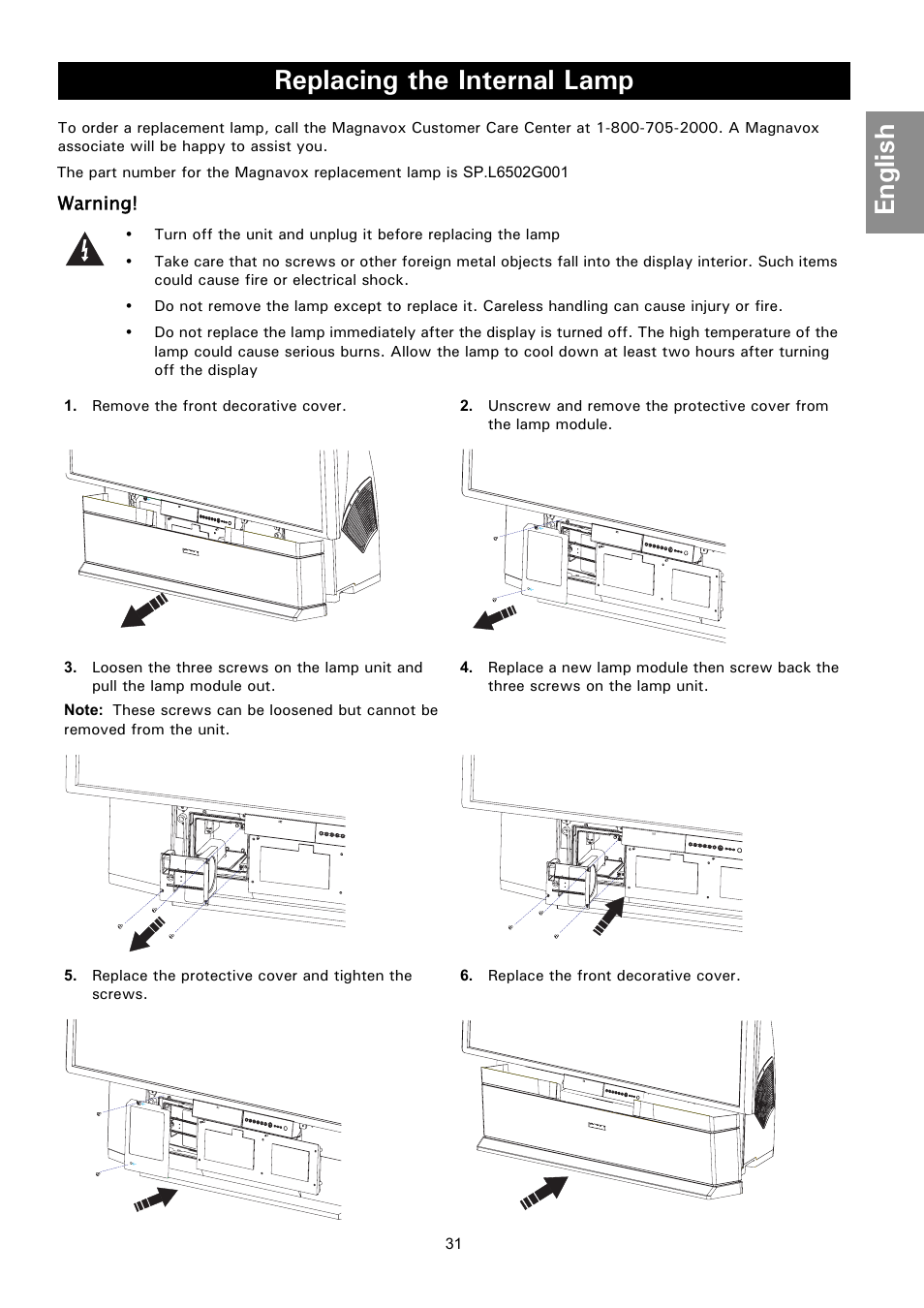 Replacing the internal lamp, Eplacing, Nternal | English, Warning | Philips Magnavox 50ML8105D/17 User Manual | Page 37 / 80