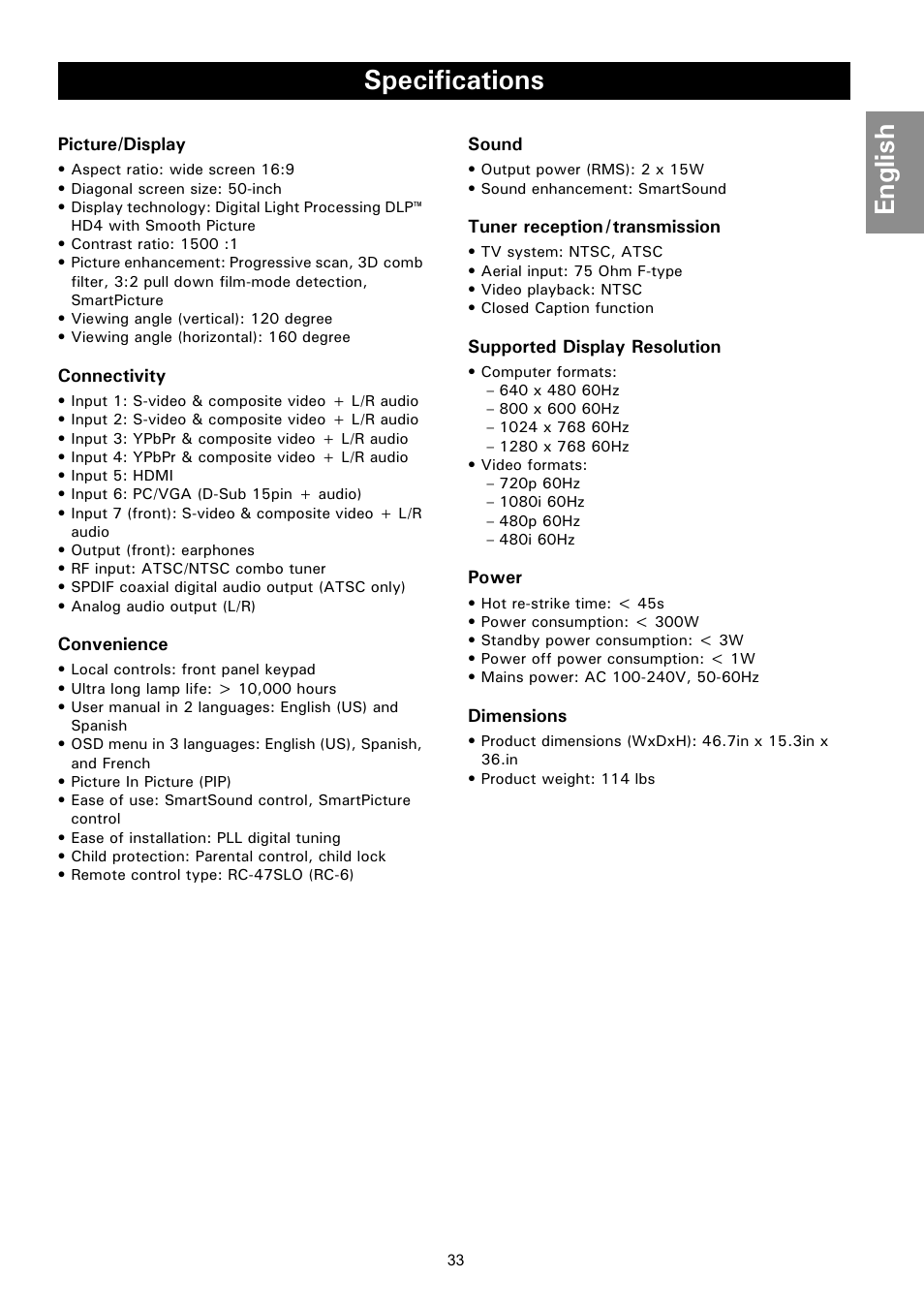 Specifications, Pecifications, English | Philips Magnavox 50ML8105D/17 User Manual | Page 39 / 80