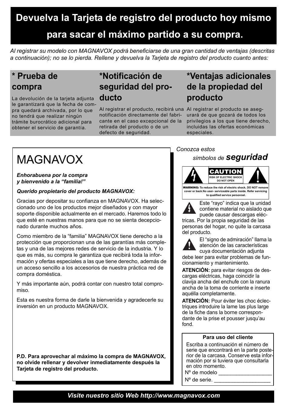 Magnavox, Prueba de compra, Notificación de seguridad del pro- ducto | Ventajas adicionales de la propiedad del producto, Seguridad | Philips Magnavox 50ML8105D/17 User Manual | Page 41 / 80