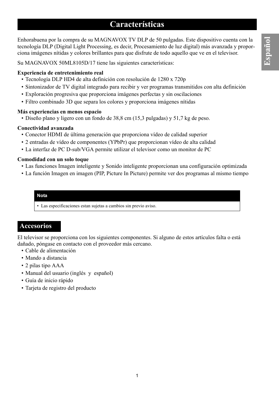 Características, Accesorios, Aracter | Sticas, Español | Philips Magnavox 50ML8105D/17 User Manual | Page 46 / 80