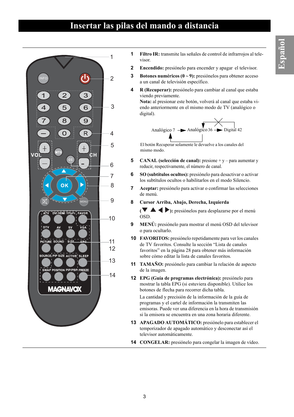 Insertar las pilas del mando a distancia, Español | Philips Magnavox 50ML8105D/17 User Manual | Page 48 / 80