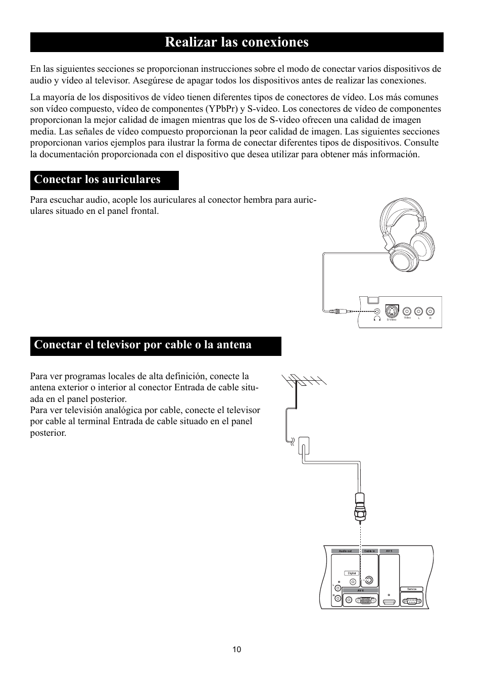 Realizar las conexiones, Conectar los auriculares, Conectar el televisor por cable o la antena | Ealizar, Conexiones | Philips Magnavox 50ML8105D/17 User Manual | Page 55 / 80