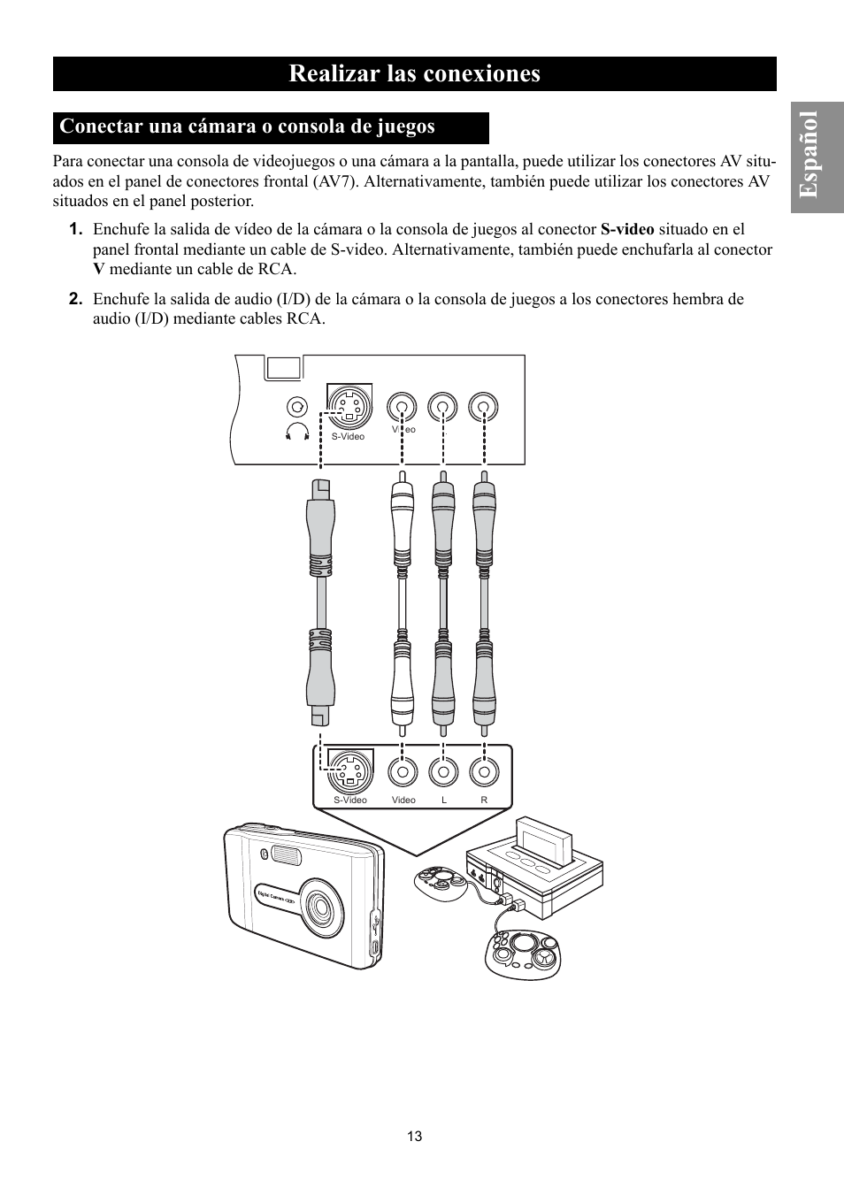 Conectar una cámara o consola de juegos, Realizar las conexiones, Español | Philips Magnavox 50ML8105D/17 User Manual | Page 58 / 80