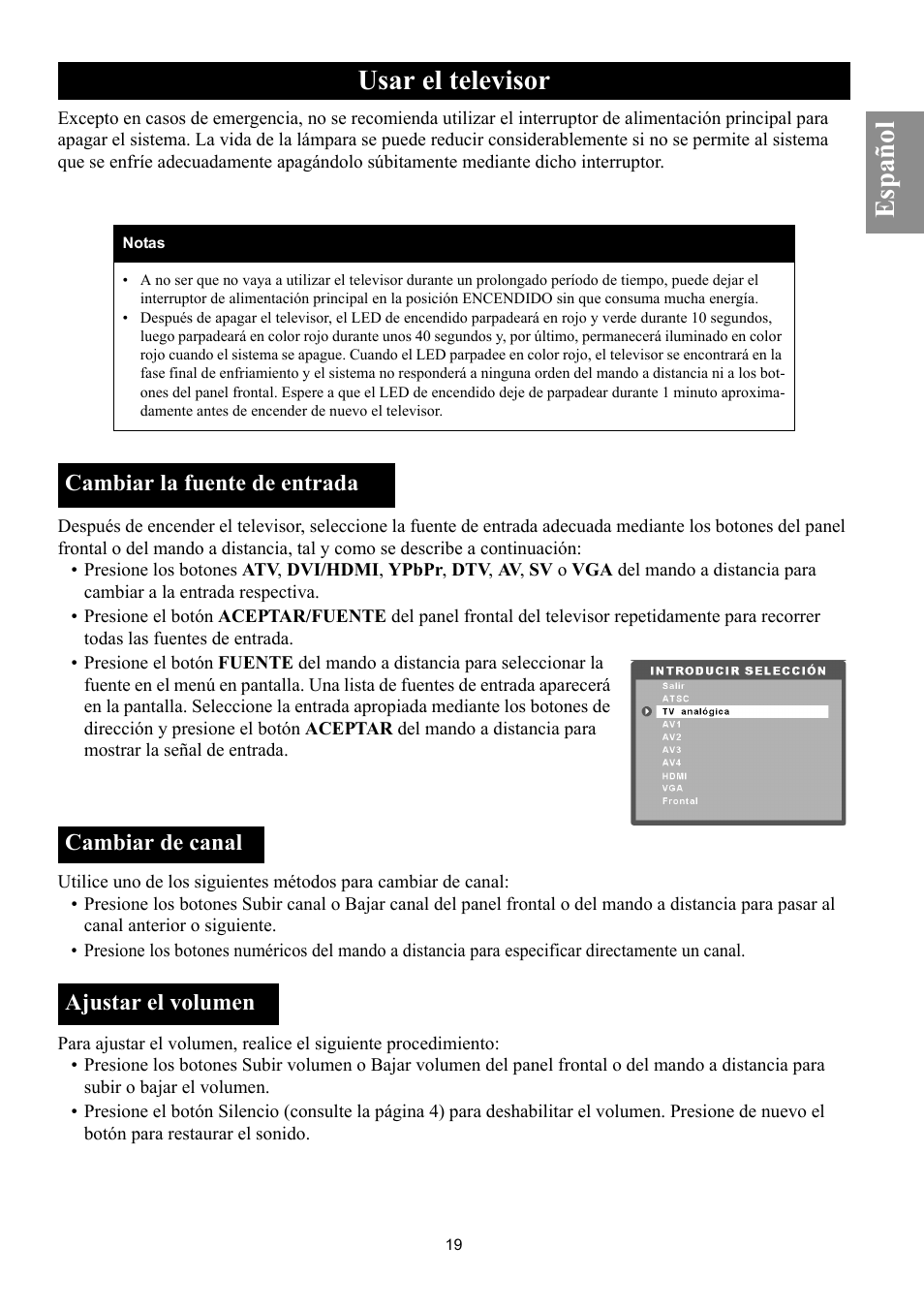 Cambiar la fuente de entrada, Cambiar de canal, Ajustar el volumen | Usar el televisor, Español | Philips Magnavox 50ML8105D/17 User Manual | Page 64 / 80