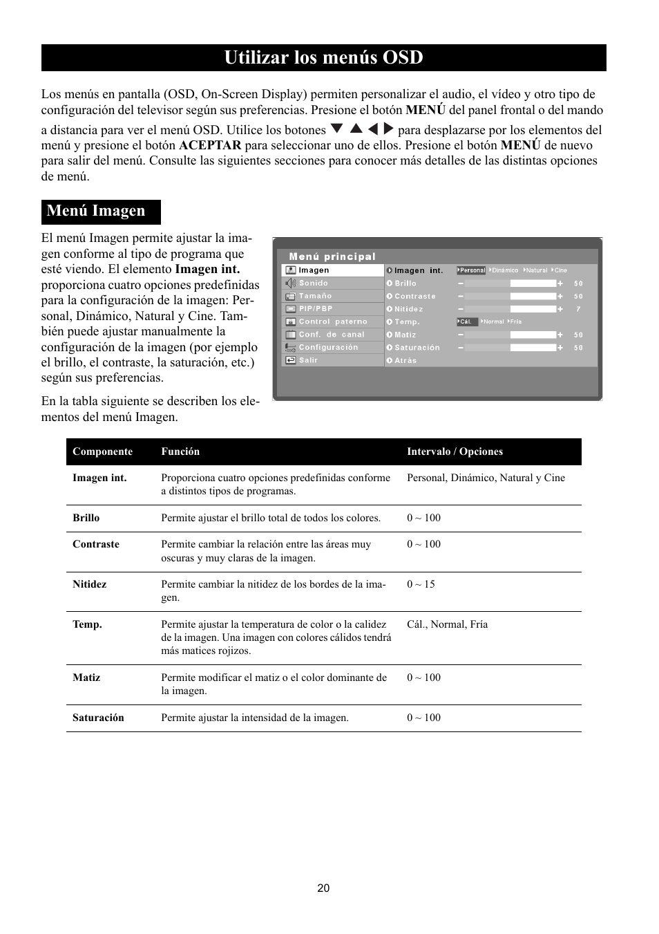 Utilizar los menús osd, Menú imagen, Tilizar | Philips Magnavox 50ML8105D/17 User Manual | Page 65 / 80