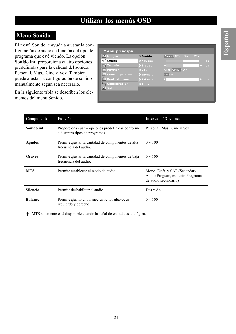 Menú sonido, Utilizar los menús osd, Español | Philips Magnavox 50ML8105D/17 User Manual | Page 66 / 80