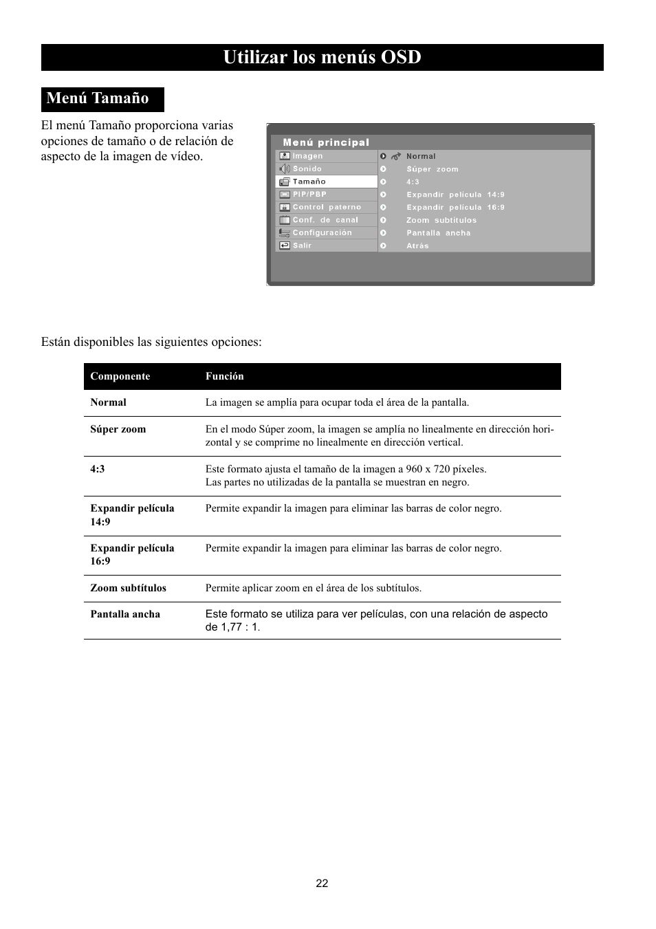 Menú tamaño, Utilizar los menús osd | Philips Magnavox 50ML8105D/17 User Manual | Page 67 / 80