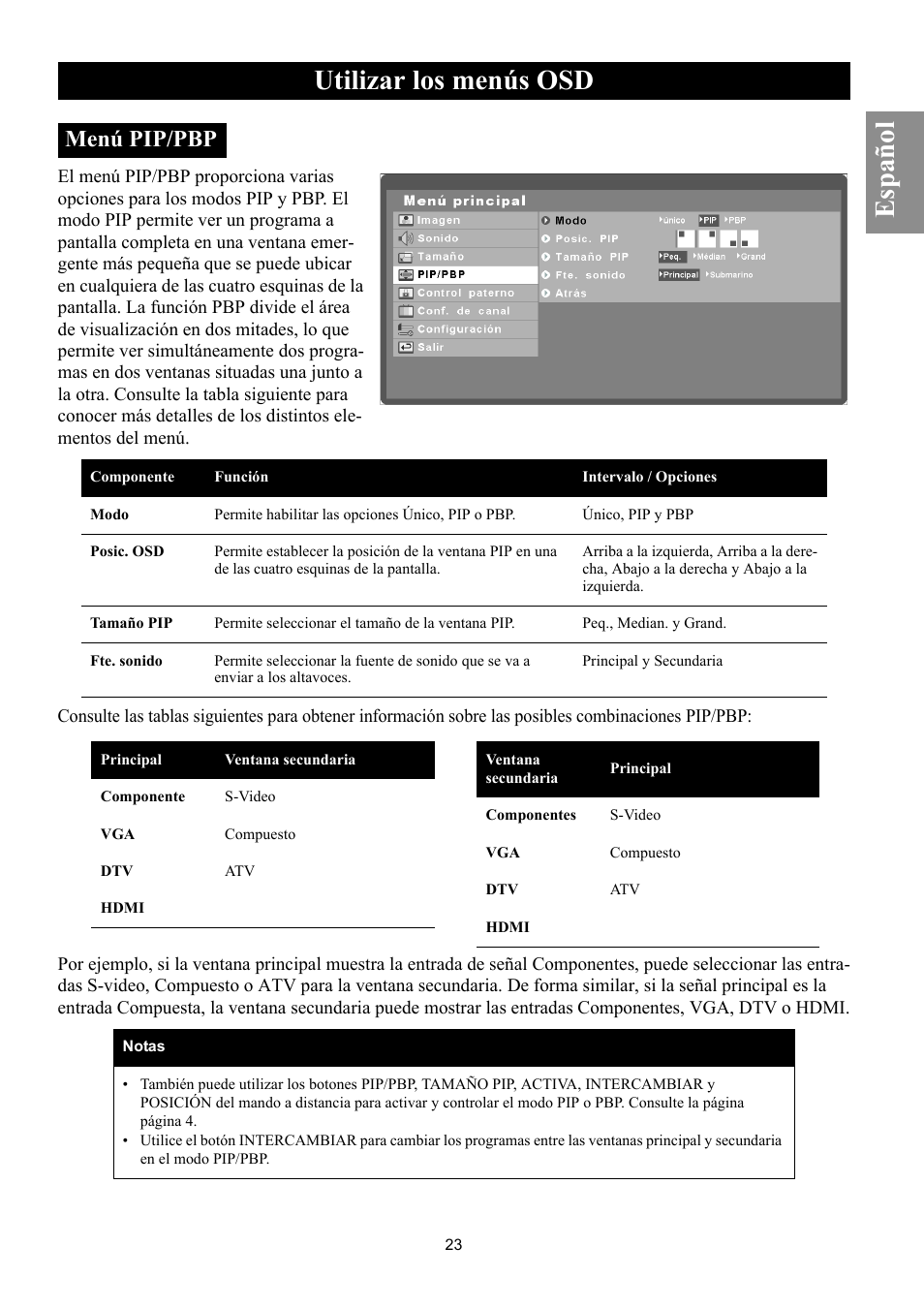 Menú pip/pbp, Utilizar los menús osd, Español | Philips Magnavox 50ML8105D/17 User Manual | Page 68 / 80