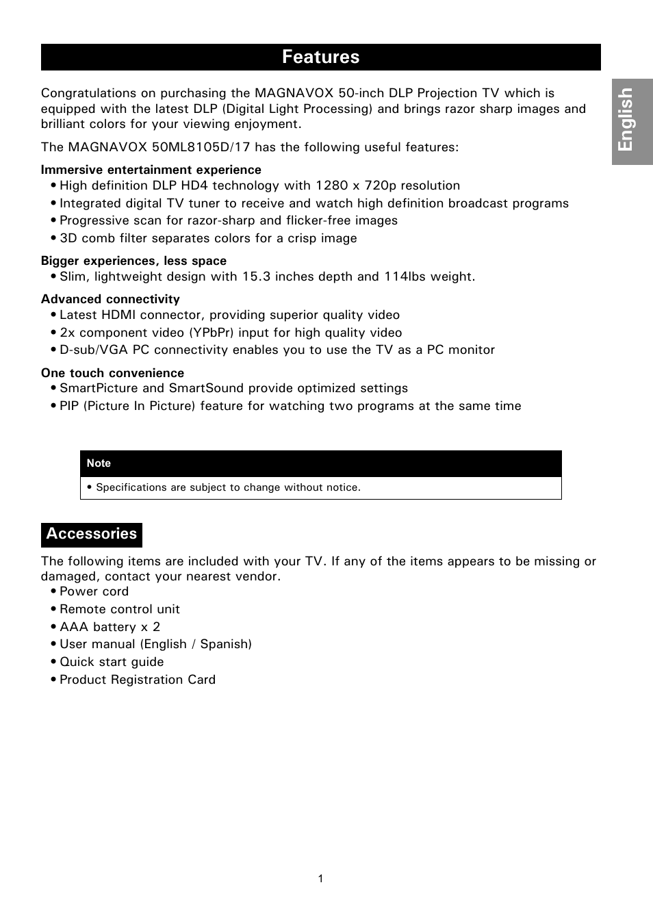 Features, Accessories, Eatures | English | Philips Magnavox 50ML8105D/17 User Manual | Page 7 / 80