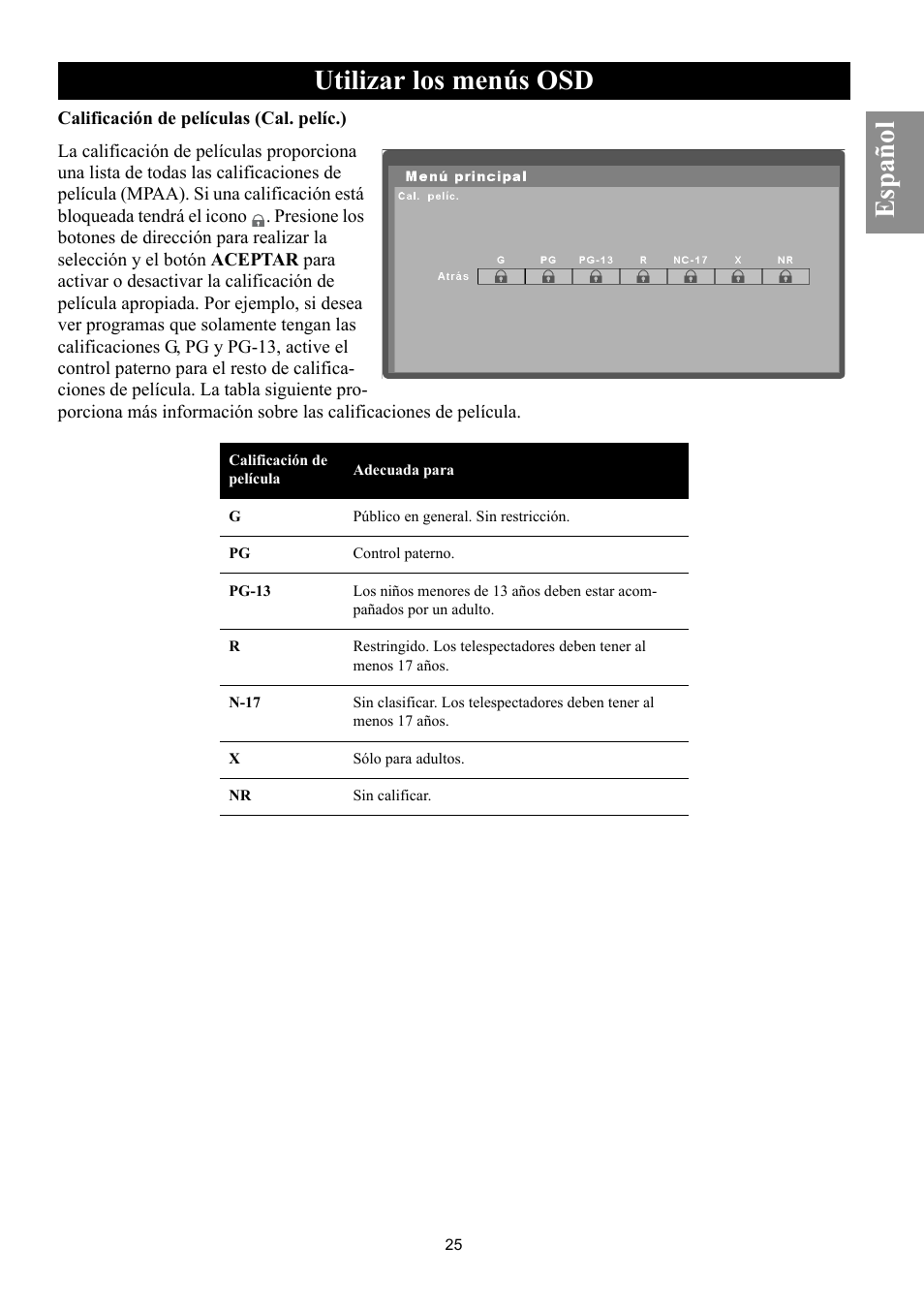 Calificación de películas (cal. pelíc.), Utilizar los menús osd, Español | Philips Magnavox 50ML8105D/17 User Manual | Page 70 / 80