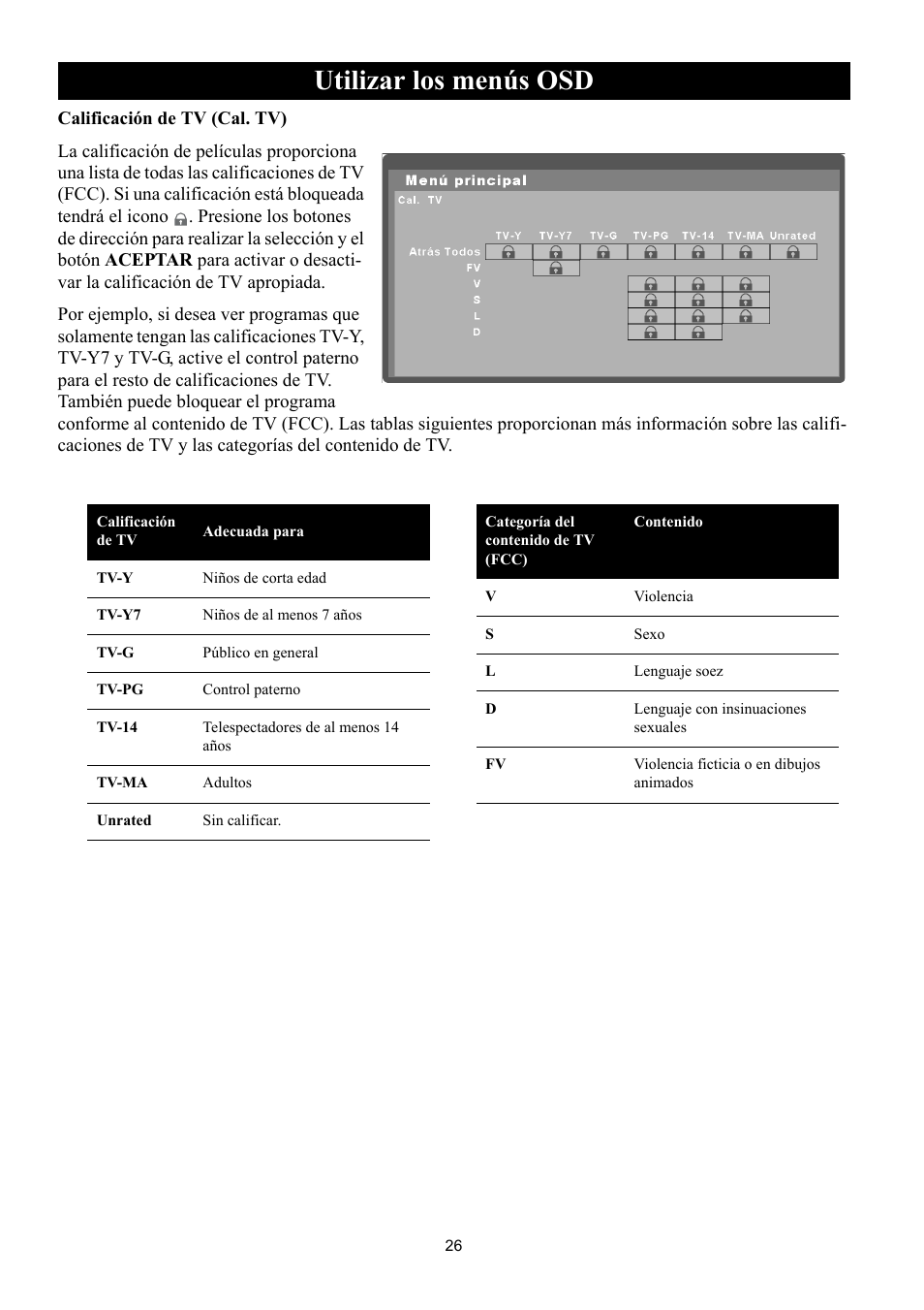 Calificación de tv (cal. tv), Utilizar los menús osd | Philips Magnavox 50ML8105D/17 User Manual | Page 71 / 80