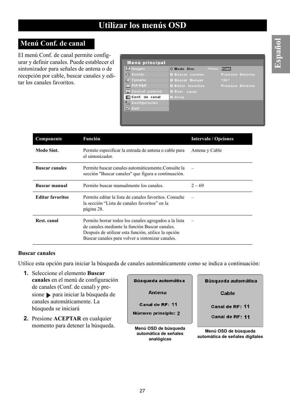 Menú conf. de canal, Buscar canales, Utilizar los menús osd | Español | Philips Magnavox 50ML8105D/17 User Manual | Page 72 / 80