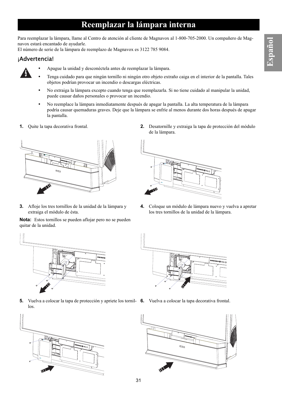 Reemplazar la lámpara interna, Eemplazar, Mpara | Interna, Español | Philips Magnavox 50ML8105D/17 User Manual | Page 76 / 80