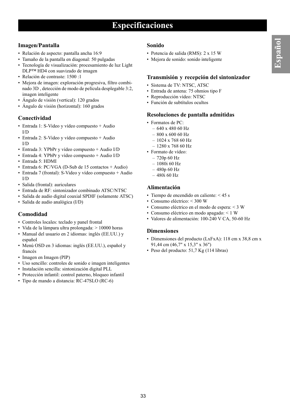 Especificaciones, Specificaciones, Español | Philips Magnavox 50ML8105D/17 User Manual | Page 78 / 80