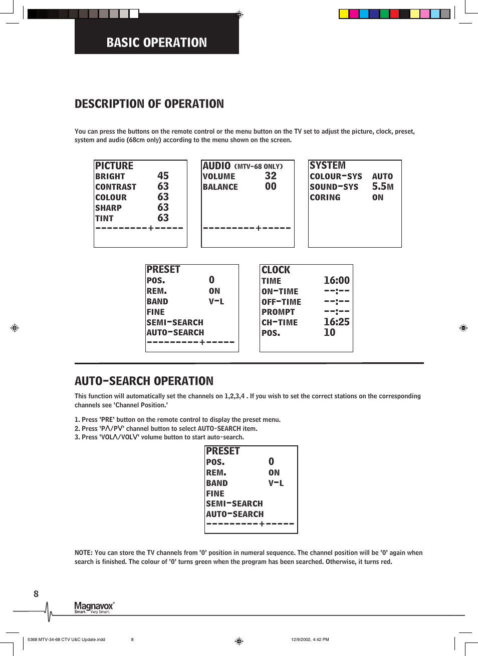 Basic operation, Description of operation, Auto-search operation | Philips Magnavox MTV-34 User Manual | Page 8 / 16