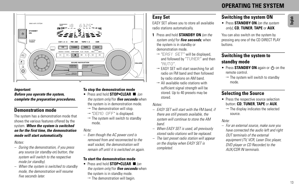 Operating the system, Easy set, Demonstration mode | Switching the system on, Switching the system to standby mode, Selecting the source, English | Philips FW930R User Manual | Page 13 / 33